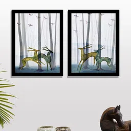 Art Street Set of 2 Multicoloured Deers & Birds UV Wall Art With Wooden Frame-33