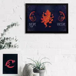 eCraftIndia Blue & Orange Satin Matt Texture Lord Ganesha & 'Shubh Labh' Typography UV Wall Art-image-88
