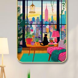 SAF Blue & Pink City View Printed Wooden Wall Art-image-4