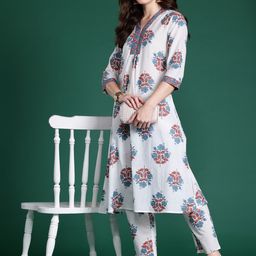 Indo Era Floral Printed Pure Cotton Kurta with Trousers-30