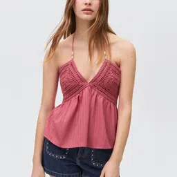 MANGO Pure Cotton Halter Neck Crochet Empire Top-34