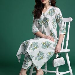Indo Era Floral Printed Pleated Pure Cotton Kurta with Trousers-53