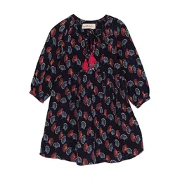 My Little Lambs Girls Navy Blue & Pink Quirky Print A-Line Dress-image-55