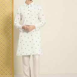 House of Pataudi Men White & Orange Floral Printed Pure Cotton Rozana Kurta-image-14