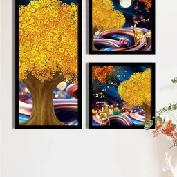 Art Street Set Of 3 Yellow & Navy Blue Tree Printed Framed Wall Art-1