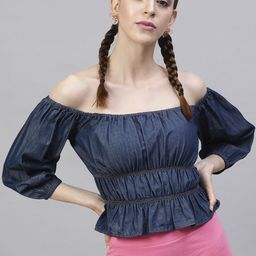 STREET 9 Navy Blue Pure Cotton Solid Denim Fitted Top-image-29