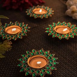 Homesake Set of 4 Green & Gold-Toned Candle Holders With Free Candles-79