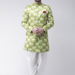 Hangup Men Green Printed Sherwani With White Solid Dhoti Pants-image-51