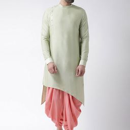 KISAH Men Green & Pink Solid Kurta with Dhoti Pants-picture-10