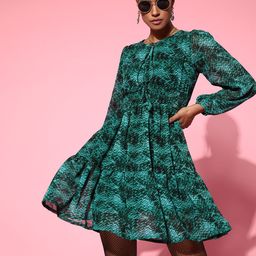 plusS Green Tie-Up Neck Dress-image-107