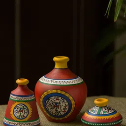 ExclusiveLane Set of 3 Red Warli Matkis Terracotta Vases-image-62