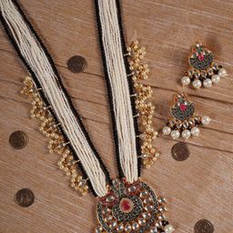 Shoshaa Gold-Plated White & Black Kundan-Studded & Beaded Handcrafted Jewellery Set-image-65