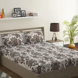 SWAYAM Brown & White Ethnic Motifs 120 TC Cotton 1  King Bedsheet with 2 Pillow Covers-image-29