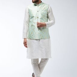 SOJANYA Men Off-White & Sea Green Solid Kurta with Churidar & Nehru Jacket-picture-33