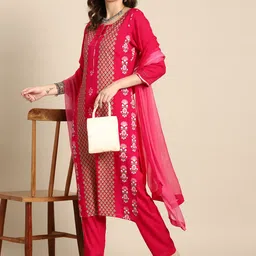 Sangria Women Floral Printed Gotta Patti Pure Cotton Kurta with Trousers & With Dupatta-6