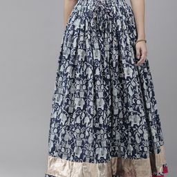 Geroo Jaipur Women Navy Blue Printed Flared Cotton Maxi Skirt-image-68