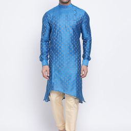 NAMASKAR Men Blue & Gold-Coloured Silk Self Design Kurta with Churidar-image-48