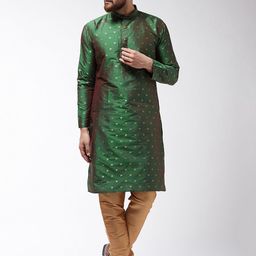 SOJANYA Men Green & Gold-Coloured Self Design Kurta with Churidar-image-52