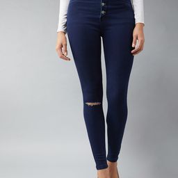 DOLCE CRUDO Women Navy Blue Skinny Fit High-Rise Stretchable Slash Knee Jeans-image-60
