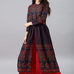 Vishudh Navy Blue Floral Print Cotton Anarkali With Hight Slit-image-70