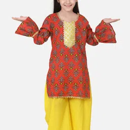 BownBee Girls Orange Printed Kurta with Yellow Palazzos-picture-24