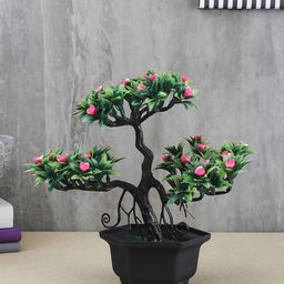 FOLIYAJ Green & Red Artificial New 3 Headed Bonsai Tree With Flowers & Black Pot-9
