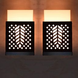Gojeeva Black & White 2 Pieces Textured Wooden Square Shaped Wall Lamp-52