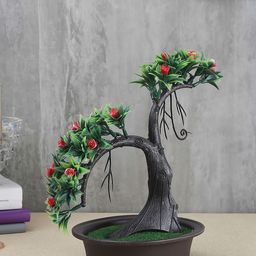 FOLIYAJ Green & Red Artificial Shoe Horn Shaped Bonsai Tree With Flowers & Brown Pot-5