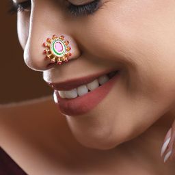 Rubans 18K Gold-Plated Ruby Pink Stone Studded Non-Pierced Clip-On Nath with Green Enamel-8