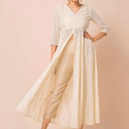 INDYA Ivory Embroidered Panelled High Slit Tunic-picture-57