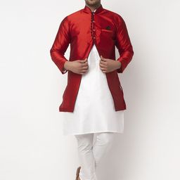 Benstoke Men White & Red Self-Design Sherwani Set-35