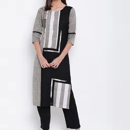 Kvsfab Women Grey & Black Striped Straight Kurta-image-58