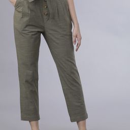 Tokyo Talkies Women Olive Green Regular Fit Self Design Ankle Length High-Waist Trousers-image-97