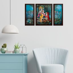 WENS Set Of 3 Blue & Green Krishna Playing Flute MDF Wall Paintings-18
