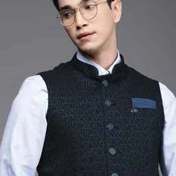 Manyavar Men Navy Blue Woven Design Nehru Jacket-image-64