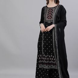 Ishin Women Black Embroidered Kurta with Palazzos & Dupatta-picture-33