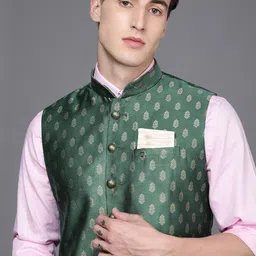 Manyavar Men Green Ethnic Motifs Woven Design Nehru Jacket-image-62