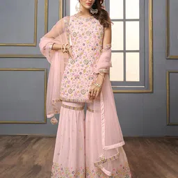 Inddus V-Neck Floral Embroidered Sequinned Detailed Kurta & Sharara With Dupatta-image-55