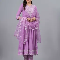 NEW4U Floral Embroidered Regular Sequinned Anarkali Kurta With Palazzos & Dupatta-15