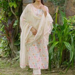 Libas Floral Printed Regular Thread Work Kurta with Trousers & With Dupatta-5