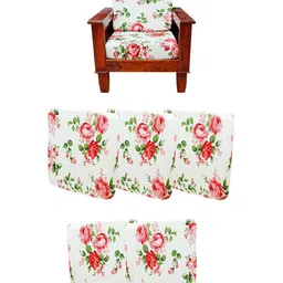 ohello Cream Red 5 Piece Self Design Elasticated Sofa Cover-37