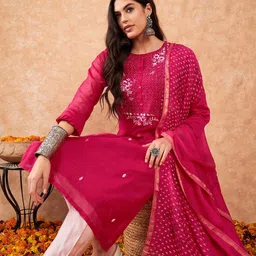 Indo Era Women Floral Embroidered Chanderi Silk Kurta with Trousers & With Dupatta-image-82