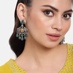 AITIHYA Silver-Plated Oxidised Contemporary Artificial Stones Drop Earrings-17