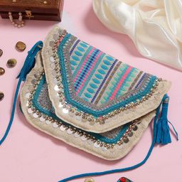 Swisni Blue & White Printed Embellished Envelope Clutch-image-42