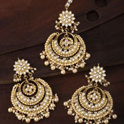 Peora Traditional LCT Gold Plated Kundan & Pearl Studded Maang Tikka Earring Set-image-29