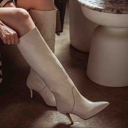 Saint G White Croco-Skin Textured Leather High-Top Heeled Boots-picture-8
