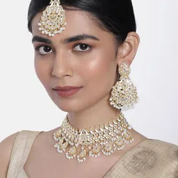 I Jewels Gold Plated Pearl & Stone Studded Choker Jewellery Set-23