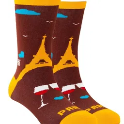 SockSoho Men Brown & Mustard Yellow Eiffel Tower Patterned Above Ankle-Length Socks-40