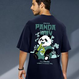 Bewakoof Navy Blue Graphic Printed Drop-Shoulder Sleeves Oversize Cotton T-shirt-image-6