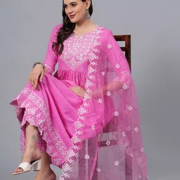 NEW4U Floral Embroidered Regular Mirror Work Anarkali Kurta With Palazzos & Dupatta-27